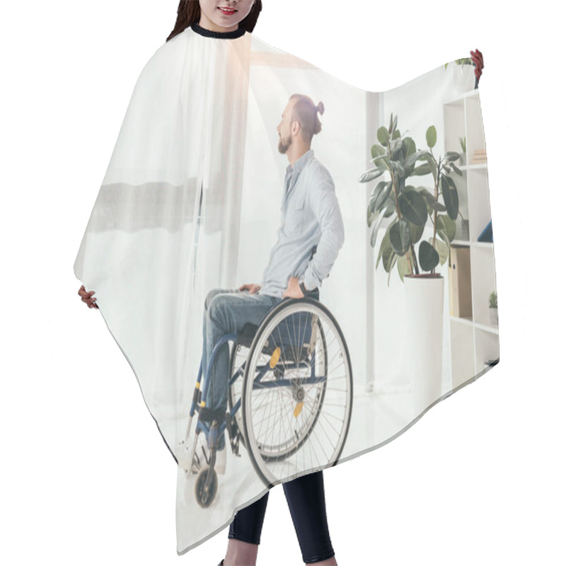 Personality  Disabled Man On Wheelchair Hair Cutting Cape