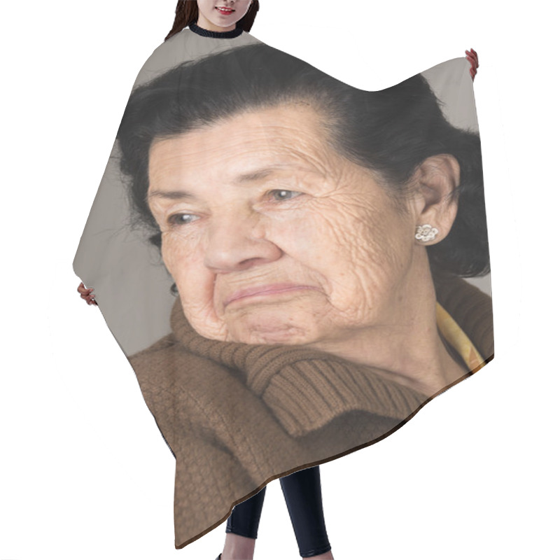 Personality  Portrait Of Old Cranky Woman Grandmother Hair Cutting Cape