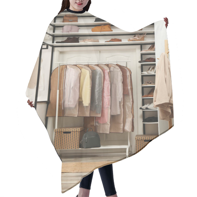 Personality  Garment Bags With Clothes On Rack In Dressing Room Hair Cutting Cape