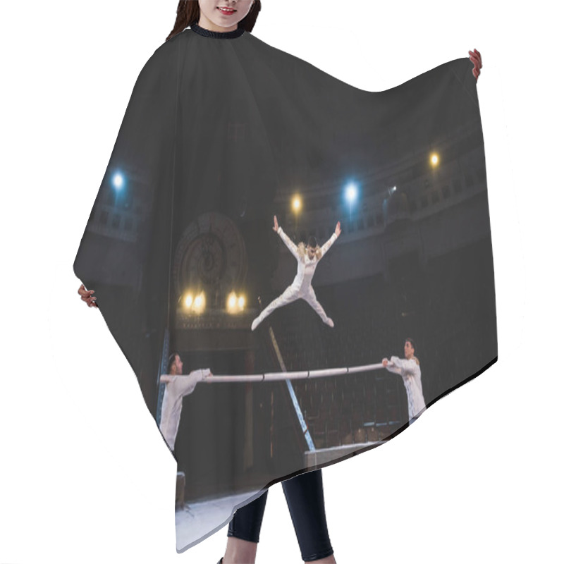 Personality  Gymnast With Outstretched Hands Jumping On Pole Near Acrobats In Circus Hair Cutting Cape