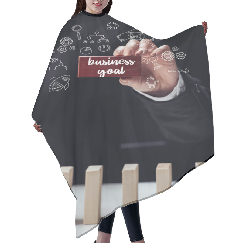 Personality  Cropped View Of Woman Holding Red Wooden Brick With Words 'business Goal' Isolated On Black, Icons On Foreground Hair Cutting Cape