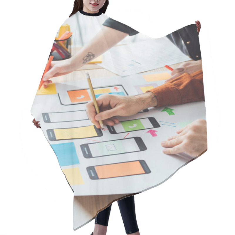 Personality  Cropped View Of Designers Using Layouts For User Experience Design Of Mobile Website On Table Hair Cutting Cape