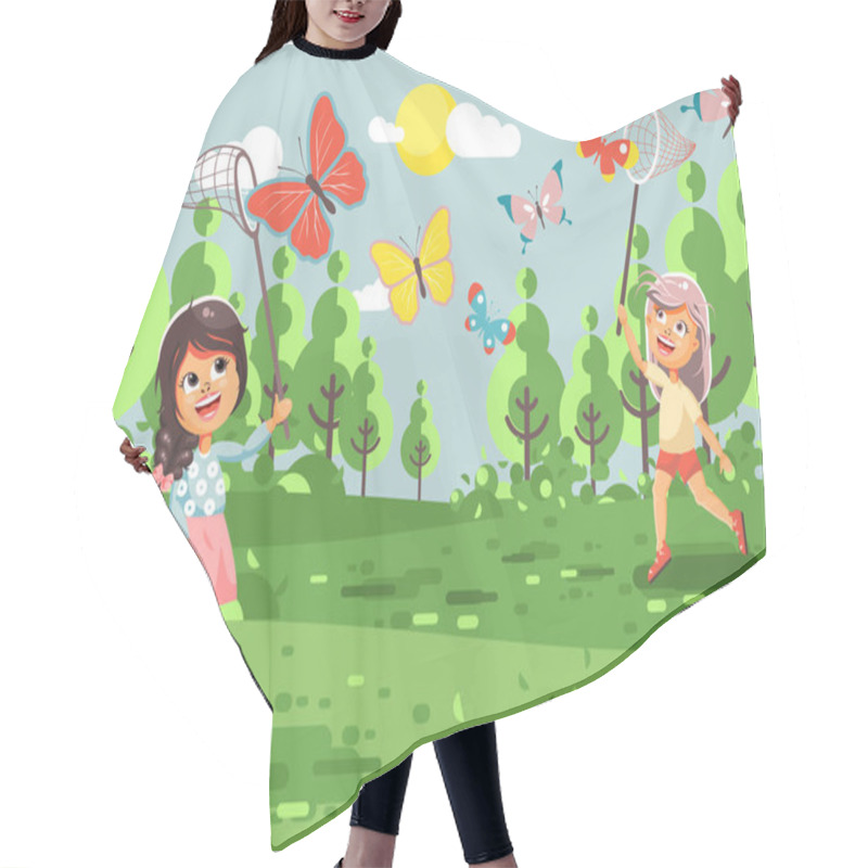 Personality  Vector Illustration Cartoon Character Lonely Children, Young Naturalist, Biologist Two Girls Catch Colorful Butterflies With Net, Scoop-net, Hoop-net On Nature Outdoor Background In Flat Style Hair Cutting Cape