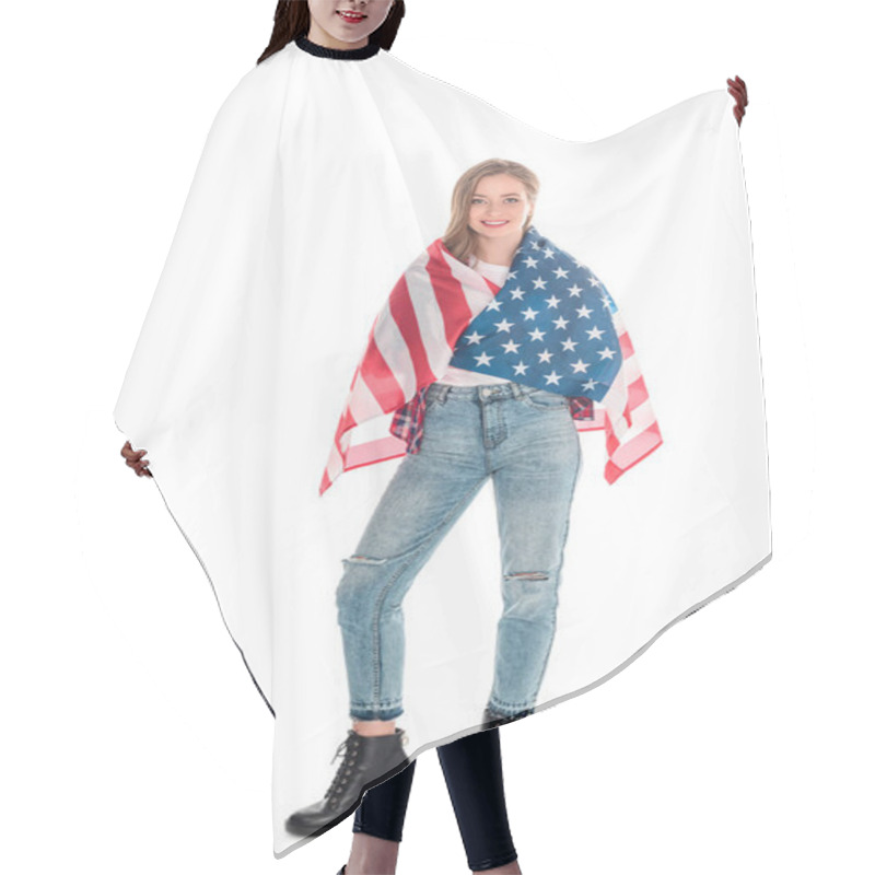 Personality  Young Woman With American Flag Hair Cutting Cape