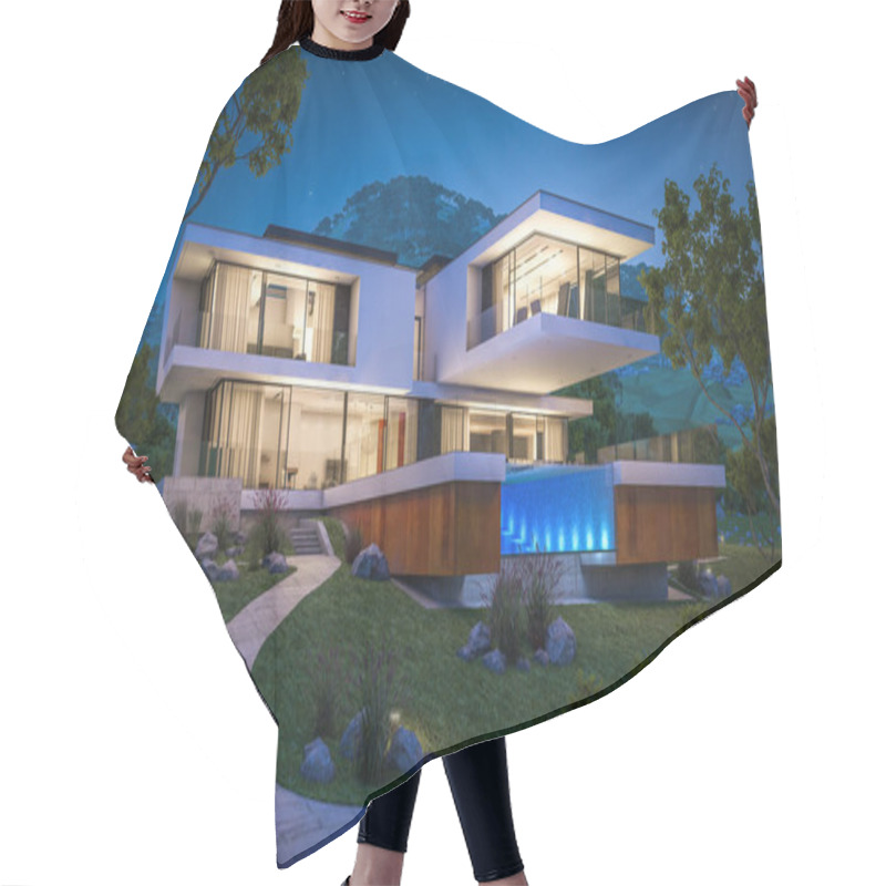 Personality  3d Rendering Of Modern House By The River At Night Hair Cutting Cape