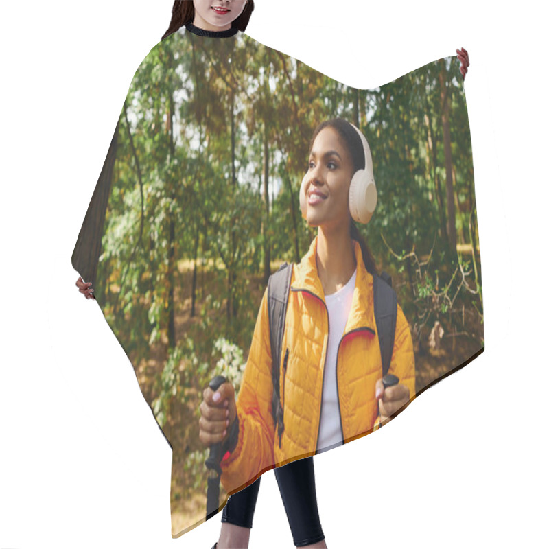 Personality  A Young Woman Explores The Vibrant Autumn Forest, Enjoying Her Hike Surrounded By Nature Beauty. Hair Cutting Cape