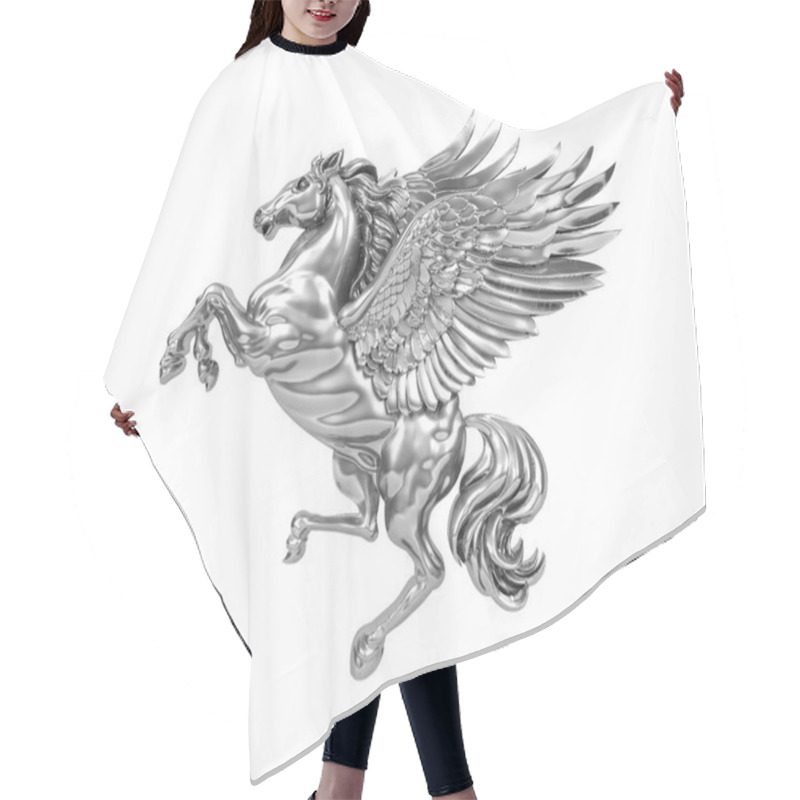 Personality  Silver Metal Flying Horse Pegasus Isolated On White Background (with Clipping Path). 3D Rendering Hair Cutting Cape