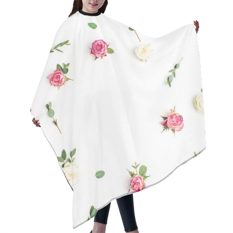 Personality  Floral Frame Made Of Red And White Rose Flowers And Eucalyptus Branches On White Background. Flat Lay, Top View Festive Mockup With Copy Space. Hair Cutting Cape