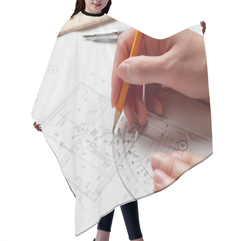 Personality  Woman Holding A Pen Over A House Blueprint Hair Cutting Cape