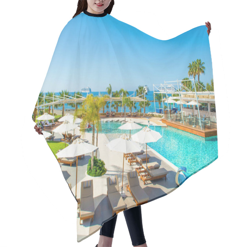 Personality  Limassol, Cyprus - May 19, 2021: Pool Area In Luxury Modern Hotel On The Mediterranean Coast Hair Cutting Cape