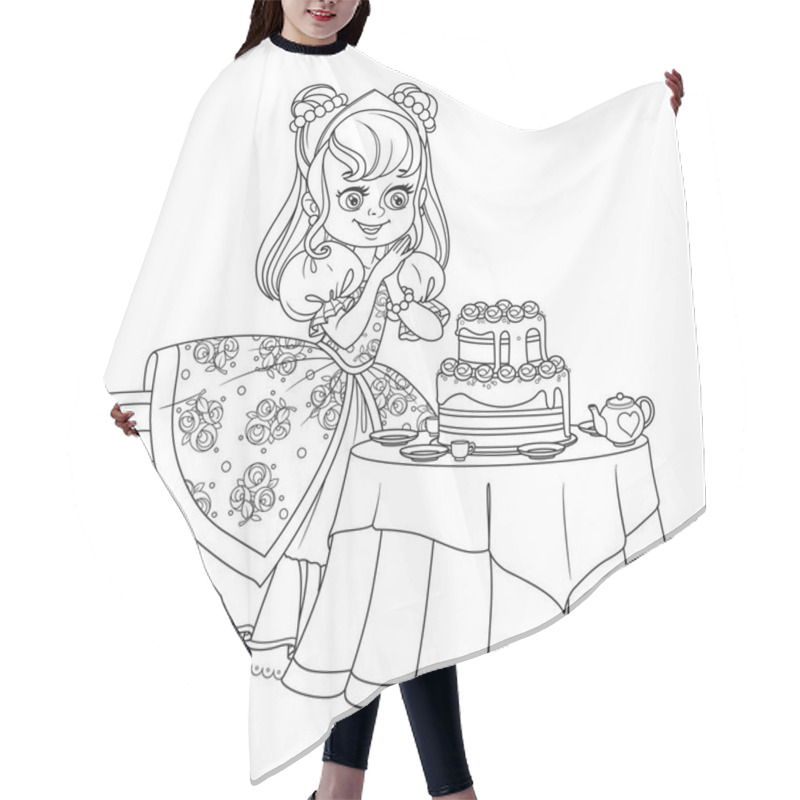 Personality  Beautiful Princess Near The Table Laid For Tea Drinking With A Big Delicious Cake Hair Cutting Cape