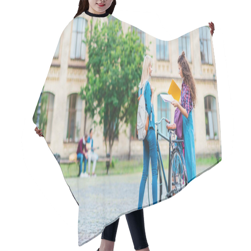 Personality  Students With Bicycle And Notebooks Standing On Street Near University Hair Cutting Cape