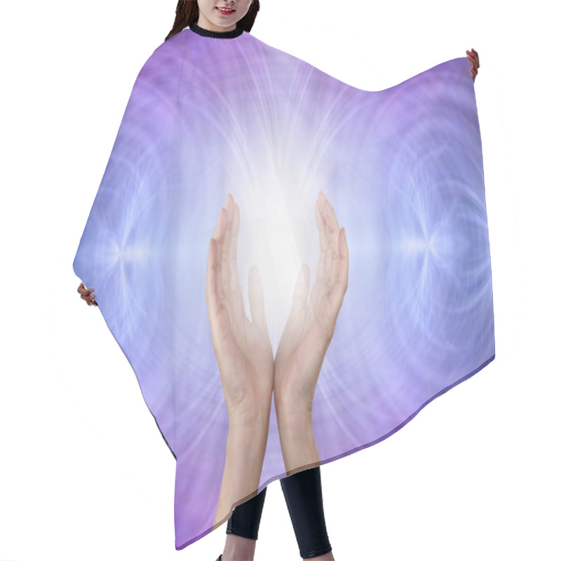 Personality  Sending Out Scalar Healing Energy Vibes - Female Cupped Hands Against Matrix Symmetrical Purple Blue Energy Resonance Background With Space For Text Hair Cutting Cape