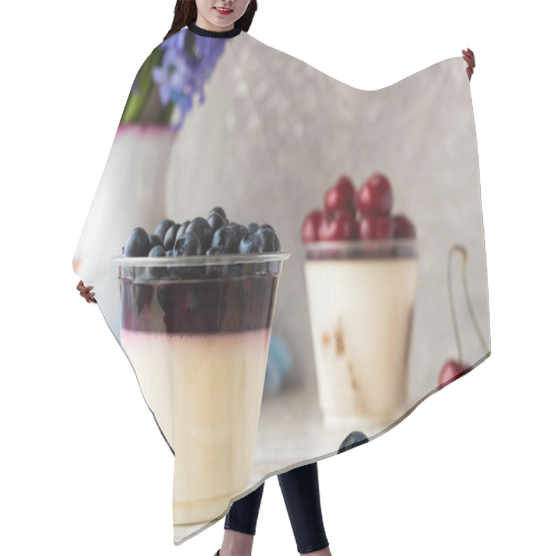 Personality  Italian Pana Cota With Berry Jam And Fresh Blueberries On A Light Background Hair Cutting Cape