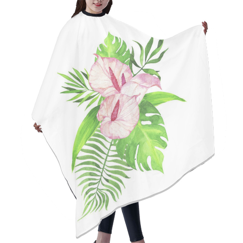 Personality  Fresh Green Tropical Leaves And Pastel Pink Flowers Bouquet Isolated On White Background. Hand Drawn Watercolor Illustration. Hair Cutting Cape