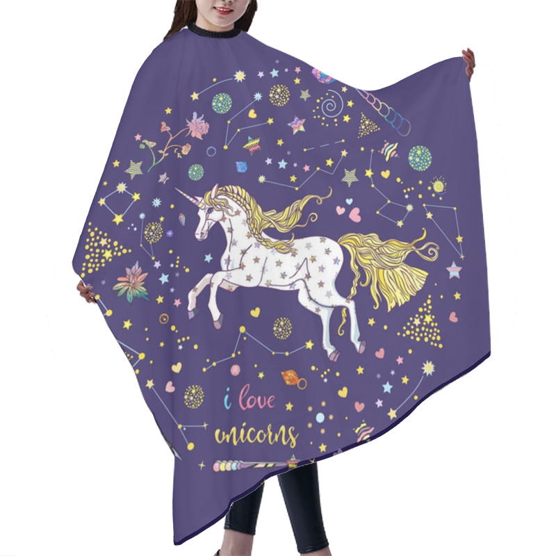 Personality  Cute Running Magic Unicorn With Constellations, Stars, Crystals, Hearts And Lettering Isolated On Blue Hair Cutting Cape