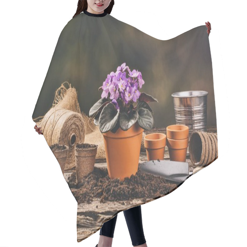 Personality  Planting A Potted Plant On Natural Wooden Background In Garden Hair Cutting Cape