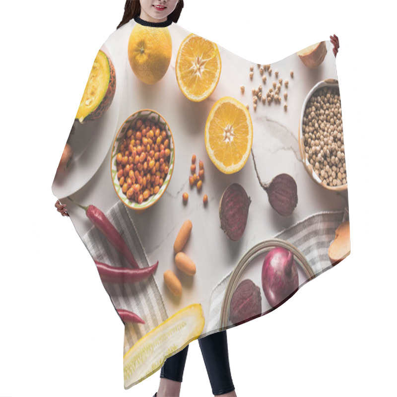 Personality  Top View Of Plate With Season Vegetables, Fruit And Berries On Marble Surface Hair Cutting Cape