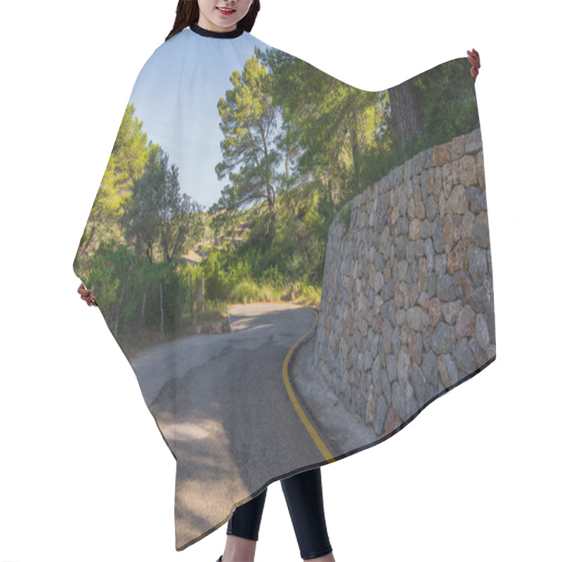 Personality  Quiet Asphalt Road Running Alongside Traditional Stone Wall, Surrounded By Scenic Mediterranean Landscape Of Mallorca, Spain. Hair Cutting Cape