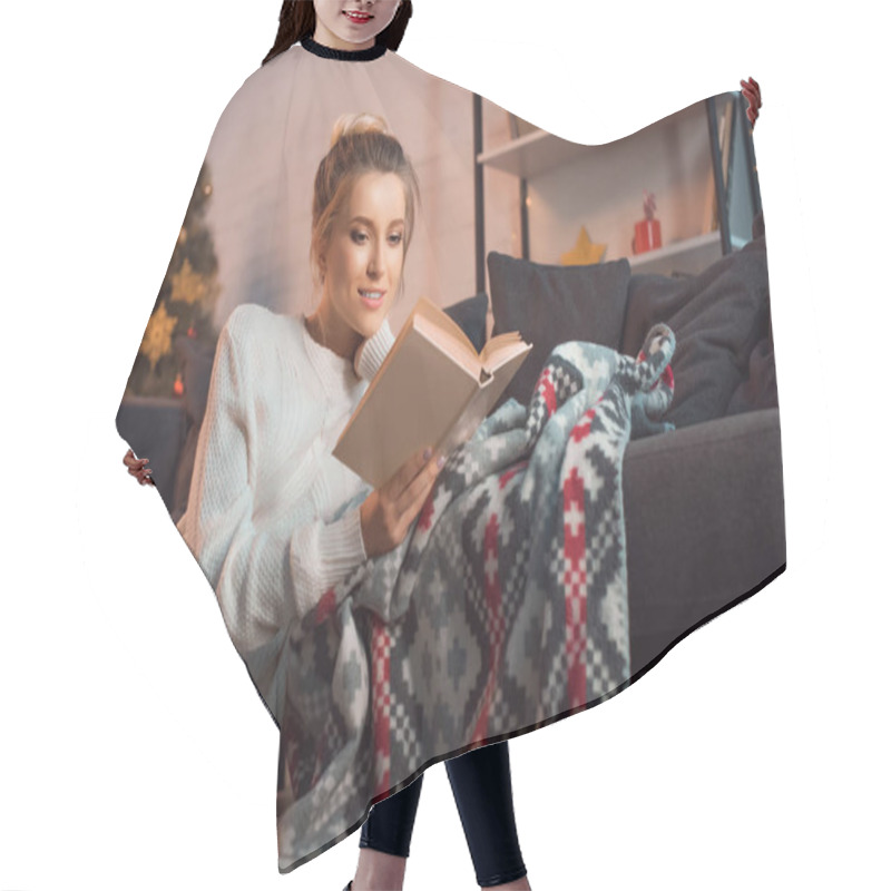 Personality  Beautiful Girl Smiling And Reading Book At Home On Christmas Eve Hair Cutting Cape