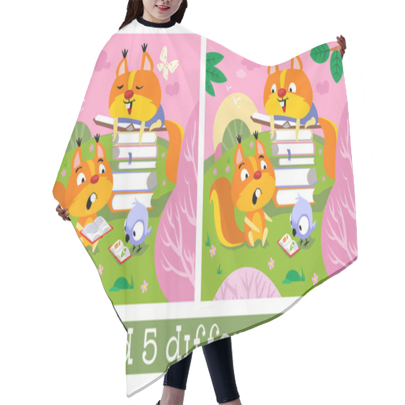 Personality  Cute Squirrels Are Reading In Spring Meadow. Find 5 Differences. Game For Children. Hand Drawn Full Color Children Illustration. Vector Flat Cartoon Picture. Hair Cutting Cape