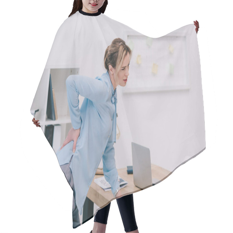 Personality  Overworked Adult Businesswoman With Backpain At Office Hair Cutting Cape