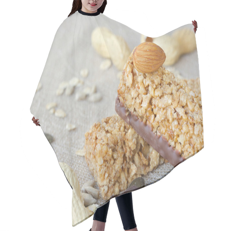 Personality  Granola Bars. Closeup Hair Cutting Cape