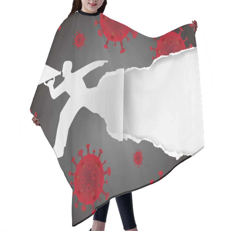 Personality  Running Man With Megaphone Ripped Paper With Coronavirus Symbols.Expressive Template For Announcement, Poster For Coronavirus Pandemic Theme. Place For Your Text Or Image. Vector Available. Hair Cutting Cape