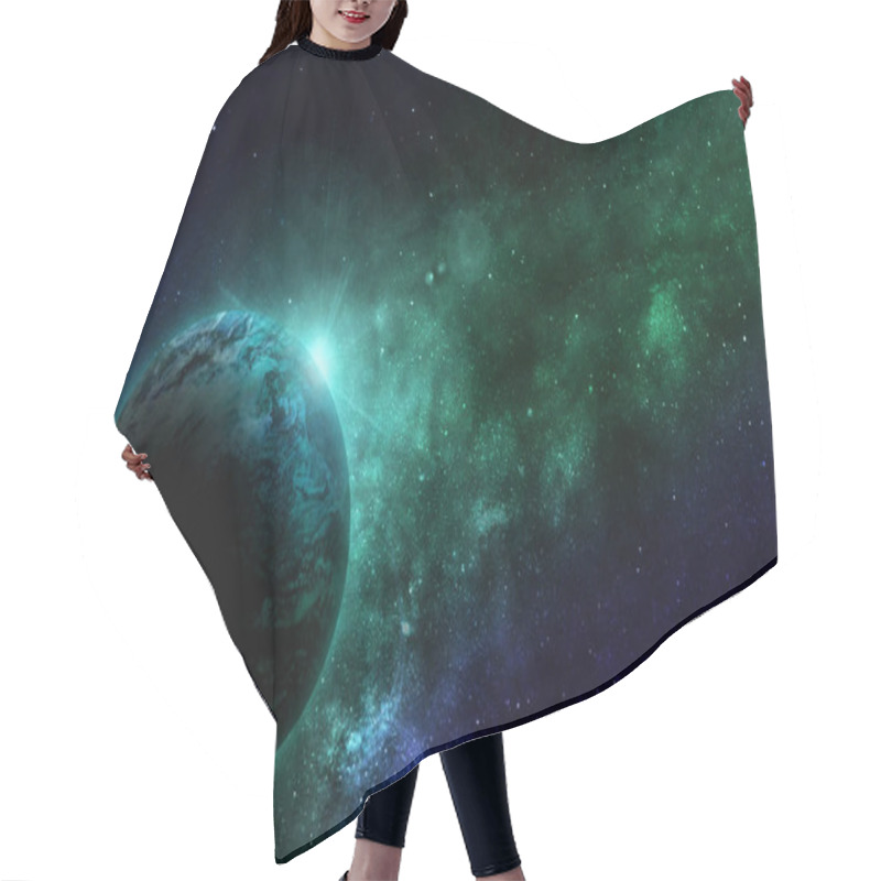 Personality  Beautiful Abstract Illustration, Planet Earth In Space And The Shining Of Stars In Green Tones In Blue Radiance Hair Cutting Cape