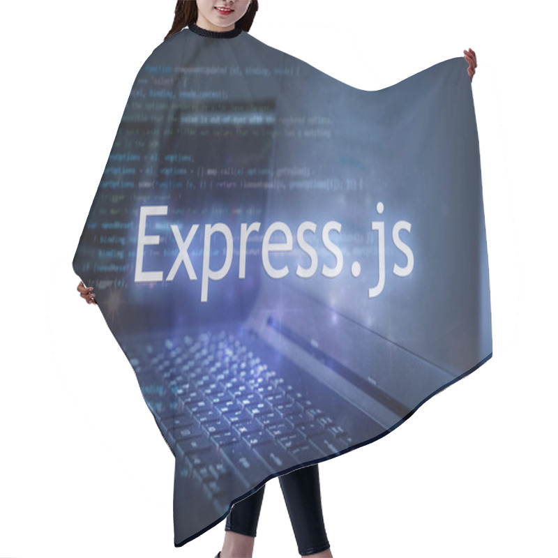 Personality  Express.js Inscription Against Laptop And Code Background. Learn Express JavaScript Programming Language, Computer Courses, Training.  Hair Cutting Cape