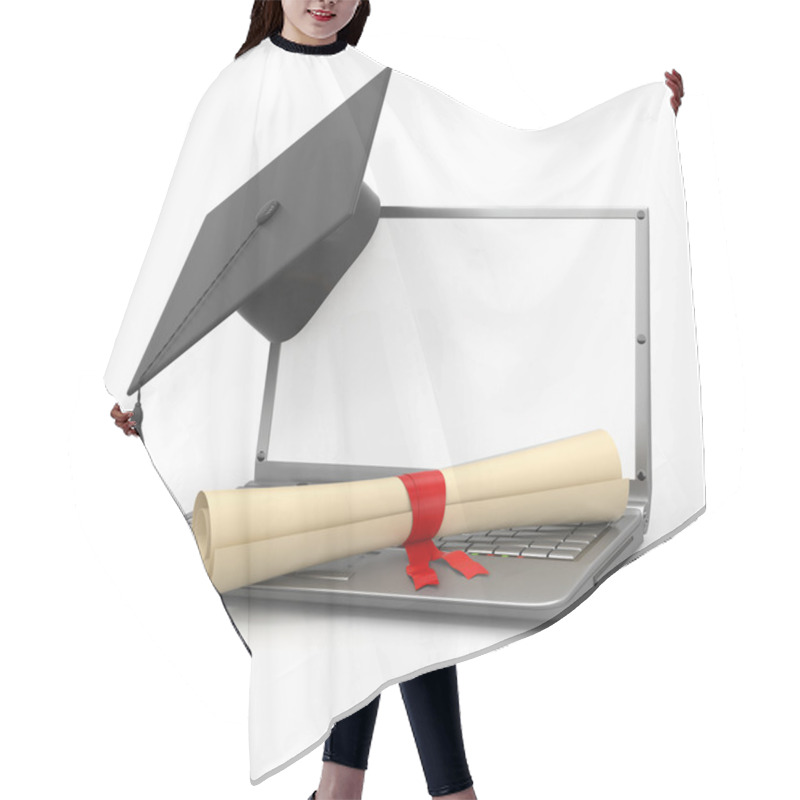 Personality  E-learning Graduation. Laptop, Diploma And Mortar Board Hair Cutting Cape