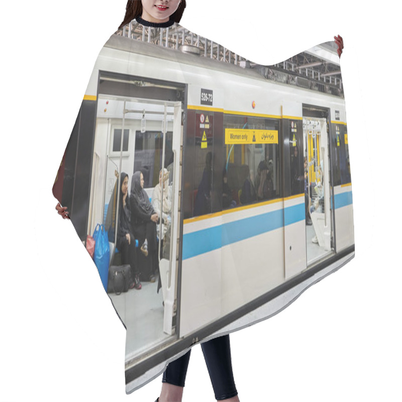 Personality  Train Carriage In Metro With Inscription, Women Only, Tehran, Iran. Hair Cutting Cape