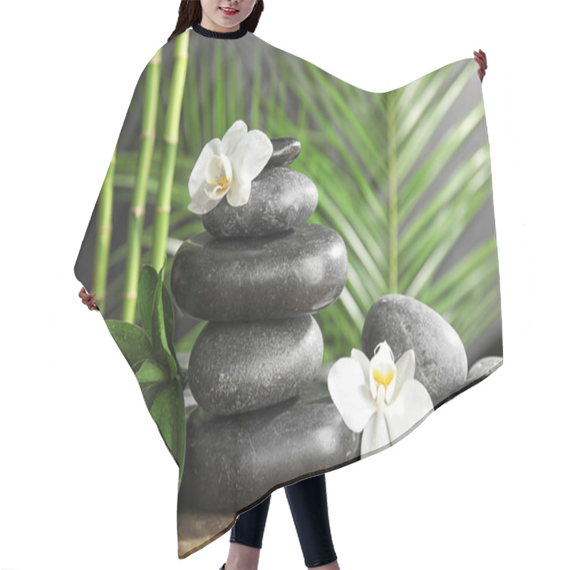 Personality  Spa Stones With Flowers On Wooden Table Against Blurred Bamboo Branches Hair Cutting Cape