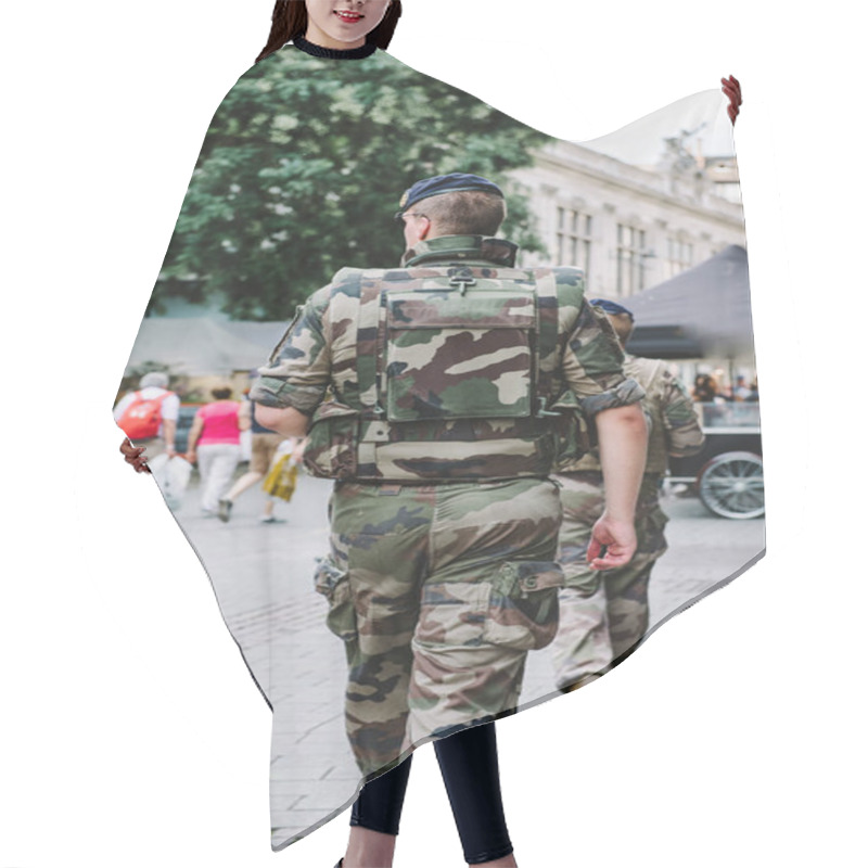 Personality  Rear View Of Unrecognizable Male Soldier VIGIPIRATE In Camouflage Uniform Patrolling The French Street Of Strasbourg Hair Cutting Cape