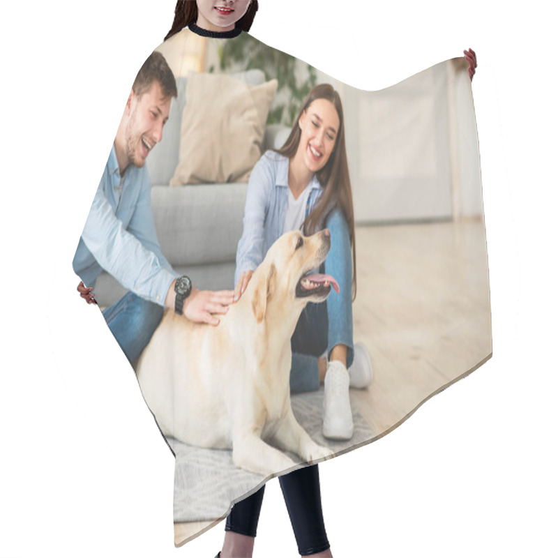 Personality  Young Family Of Two Sitting On Floor With Dog Hair Cutting Cape