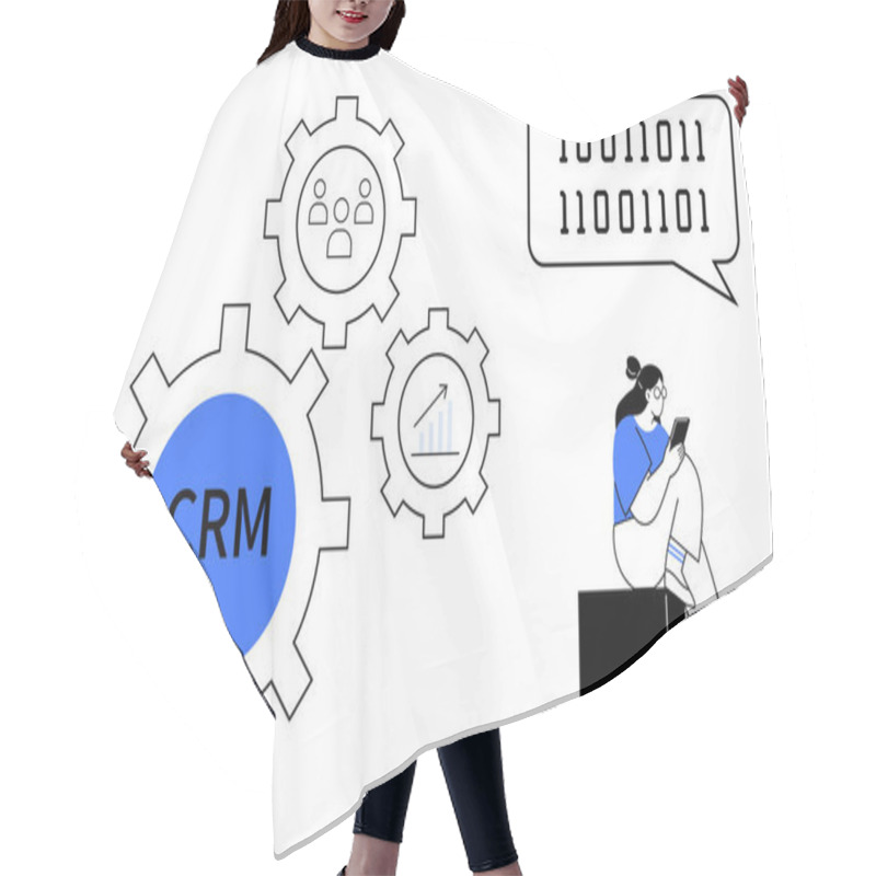 Personality  Three Gears With CRM, User Icon, And Growth Chart Next To Woman With Tablet And Binary Code. Ideal For Business Strategy, Customer Support, Software, Team Management, Analytics, Tech Solutions Hair Cutting Cape