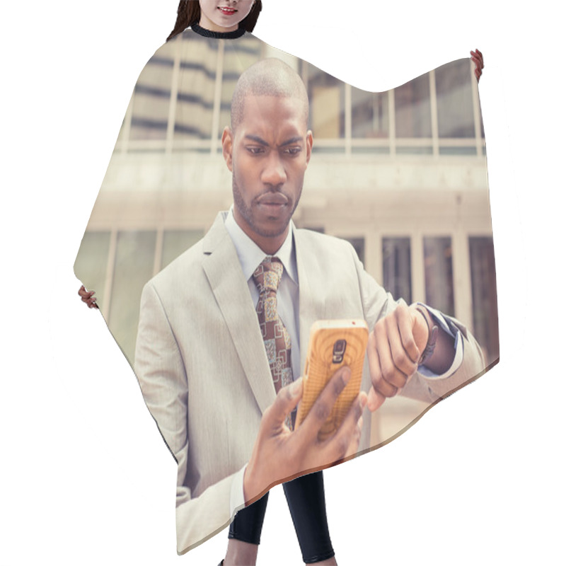 Personality  Business Man Looking At Mobile Phone Watch Running Out Of Time  Hair Cutting Cape