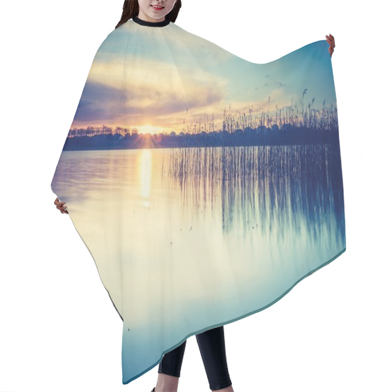 Personality  Sunset Over Calm Lake Hair Cutting Cape