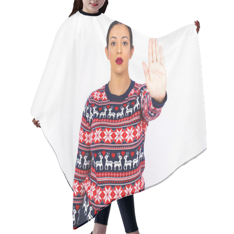 Personality    Young  Woman Wearing Sweater  Doing Stop Gesture With Palm Of The Hand. Warning Expression With Negative And Serious Gesture On The Face.  Hair Cutting Cape