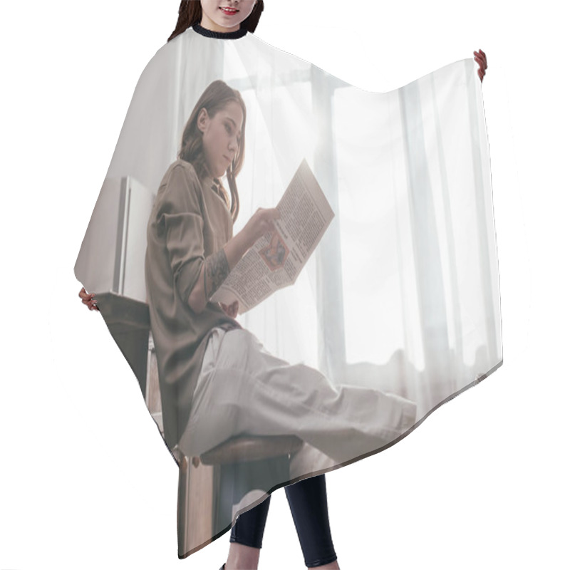 Personality  Side View Of Woman With Prosthetic Leg Reading Newspaper By Kitchen Table Hair Cutting Cape