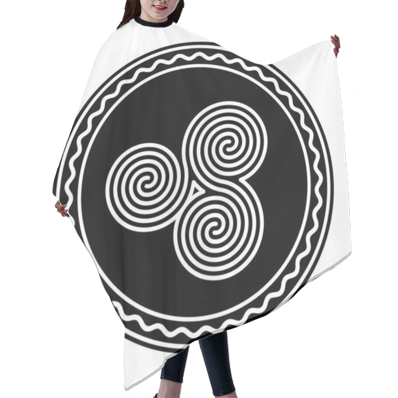 Personality  Three Connected Celtic Double Spirals Within A Circle Frame. Triple Spiral, Formed By Three Interlocked Archimedean Spirals. Symbol And Motif. Black And White, Isolated Illustration Over White. Vector Hair Cutting Cape