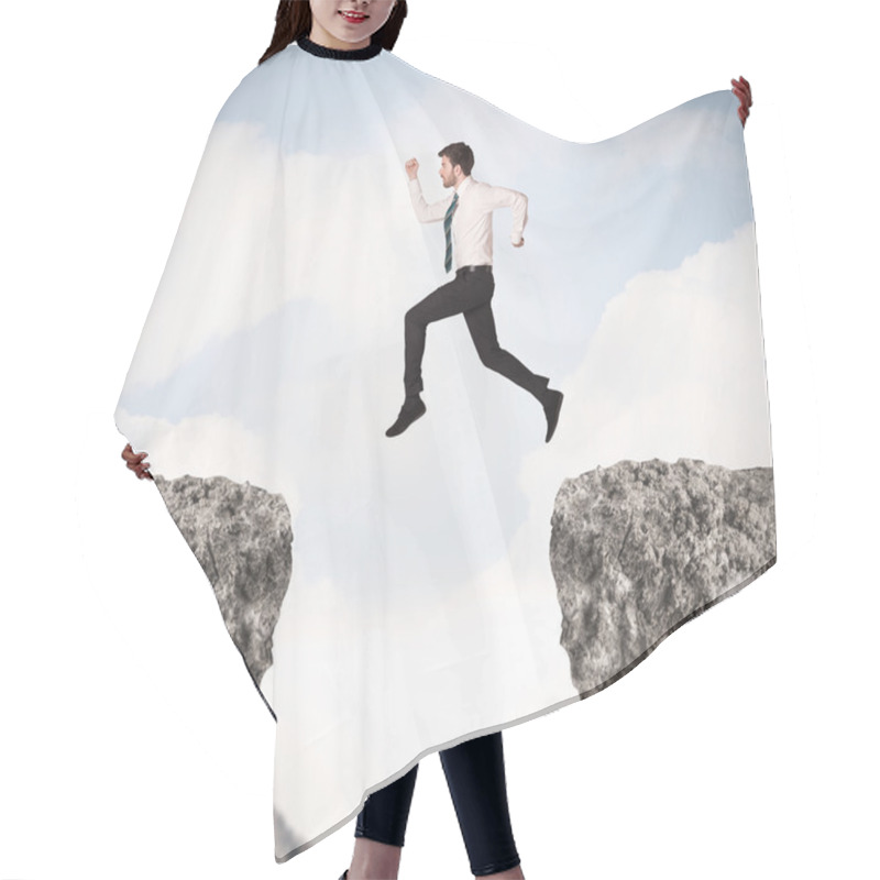 Personality  Funny Business Man Jumping Over Rocks With Gap Hair Cutting Cape