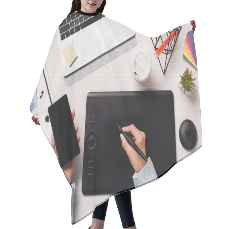 Personality  Cropped View Of Designer Using Graphics Tablet, Pen And Smartphone With Blank Screen, Flat Lay Hair Cutting Cape