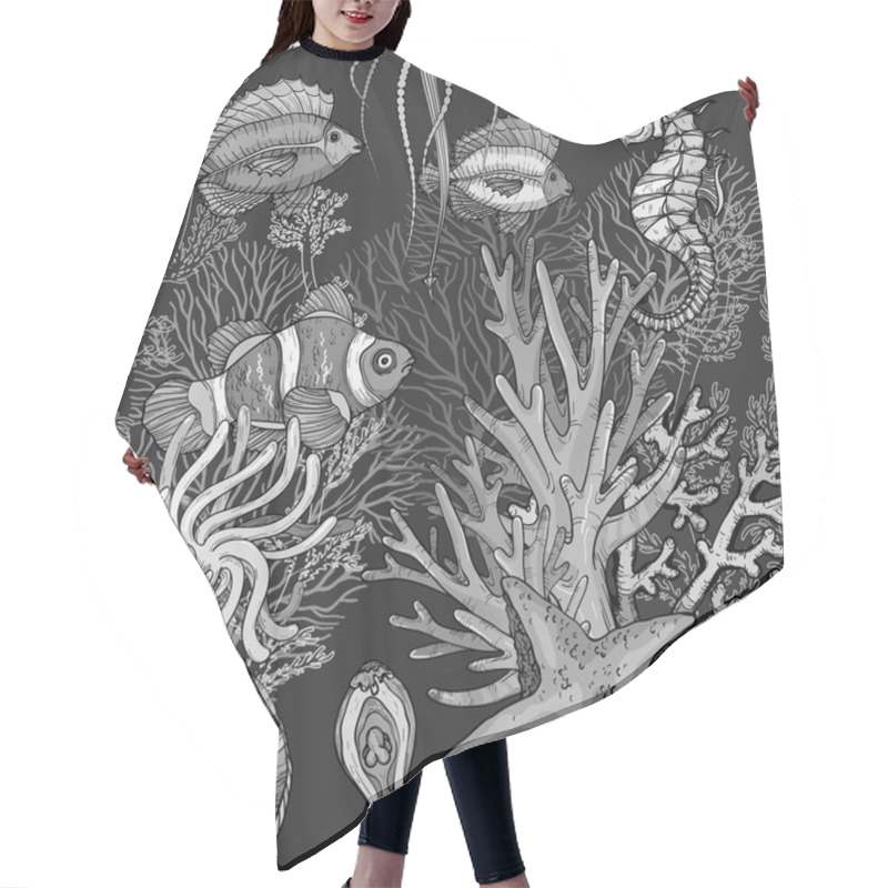 Personality  Seamless Pattern With Ocean Marine Life, Clown Fish In Anemones, Black And White Hair Cutting Cape