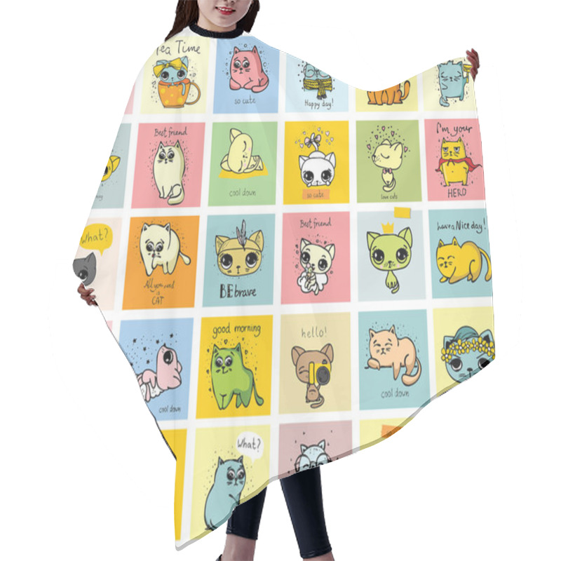 Personality  Big Set Of Vector Cards With Cute Funny Cats And Hand Drawn Text Hair Cutting Cape