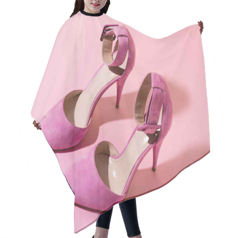 Personality  Pair Of Elegant Suede Heeled Shoes On Pink Background Hair Cutting Cape