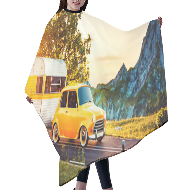 Personality  Retro Car With White Trailer. Unusual 3d Illustration Of A Classic Caravan. Camping And Traveling Concept Hair Cutting Cape