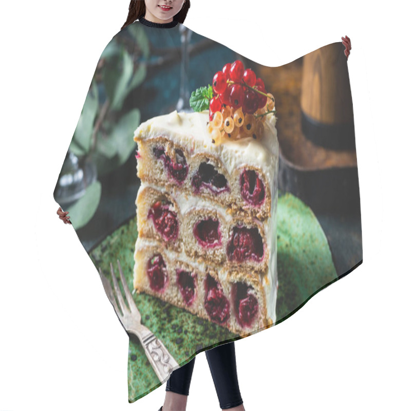 Personality  Cherry Cake. Russian Cake. Traditional Dessert. Piece Of Cake. Berries, Dessert. Red Currant. White Currant. Portion Of Layered Creamy Fruit Cake With In Close Up View. Hair Cutting Cape