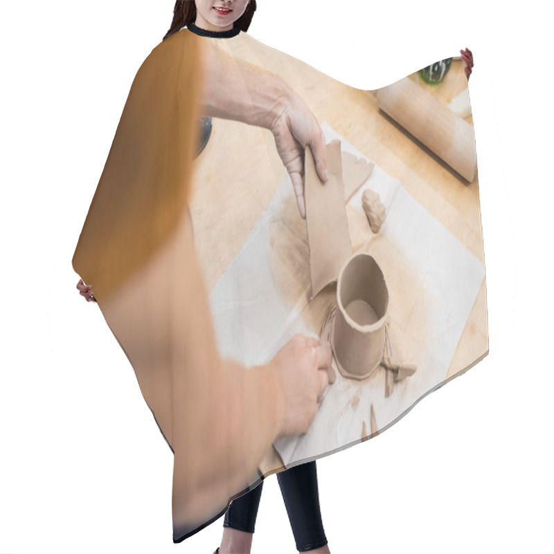 Personality  Top View Of Man Holding Sliced Piece Of Clay Near Shaped Cup And Rolling Pin Hair Cutting Cape