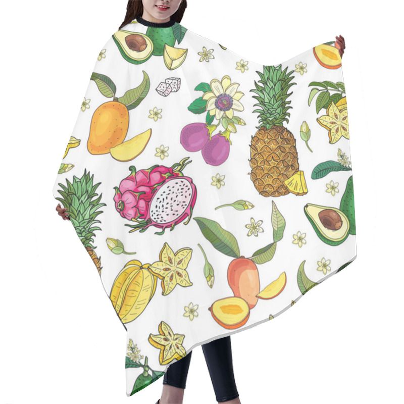 Personality  Exotic Fruits Frame.Avocado,carambola,mango,pitahaya,pineapple,passionfruit.Bright Summer Vector Illustration.Seamless Pattern Hair Cutting Cape